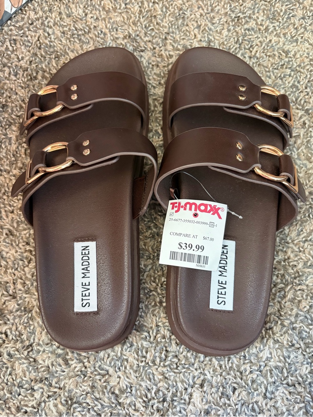 Steve Madden Chocolate Brown Double-Buckle Slide Sandals with Gold Hardware